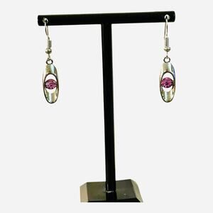 Silver Tone Oval Pink Crystal Center Dangle Drop Earrings